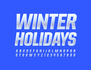 Vector holiday sign Winter Holidays. Cold White Font. Glossy modern Alphabet Letters and Numbers set