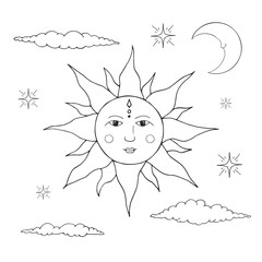 Celestial sun with face, moon, stars and clouds. Vector space illustration in boho style with bursts. Mystic poster.