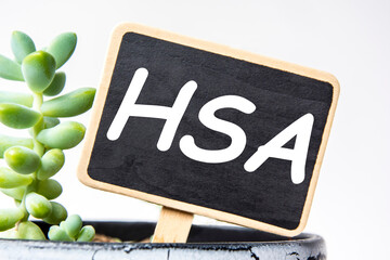 small black chalk board in a pot with succulents inscribed in white letters word HSA Health savings...