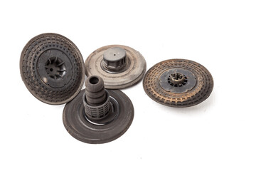Obraz premium Set of plastic spring support for car suspension on a white background. Auto service industry. Spare parts catalog.