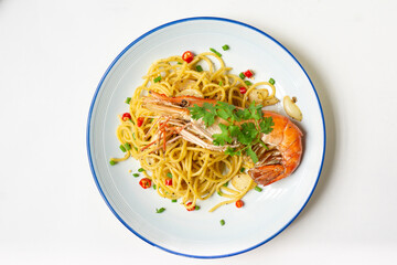 Close up king prawn spaghetti