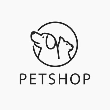 Community Pets, Modern Kitten And Puppy Label For Veterinary Clinic Logotype Concept. Minimalist Monoline Lineart Outline Dog Cat Icon Logo Template Vector, Petfood, Pet Shop