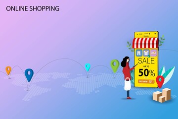 Concept of online shopping, young woman wear a medical white mask and hold a smart phone that the display contain app icon of products and discount rate to order a new shirt. Vector 3D design.