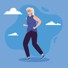 cute old woman walking, on blue background vector illustration design