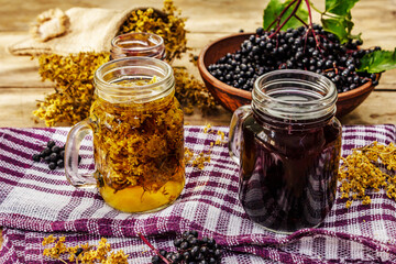 Elderberry tea from ripe berries and dried flowers