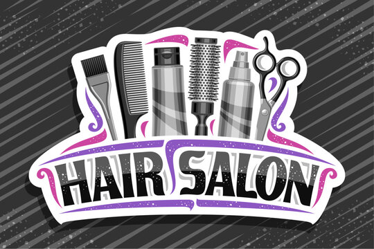 Vector logo for Hair Salon, white decorative sign board with professional beauty accessories, unique letters for black words hair salon, elegant signage for beauty parlor with pink curly flourishes.