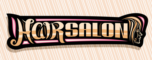 Vector banner for Hair Salon, dark decorative sign board  with women face, unique brush letters for words hair salon, horizontal elegant signage for professional beauty parlor with pink flourishes.