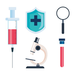 set icons of medical vaccine research, scientific virus prevention study vector illustration design