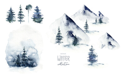 Watercolor winter forest. Christmas tree landscape with Pine Trees fir in the Mountains. Hand painted Isolated on white Background. Snow holiday design