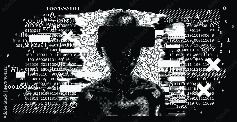 Poster Abstract technology background with binary code and human silhouette. Conceptual illustration of Artificial intelligence, Cryptography and Cyber Security.