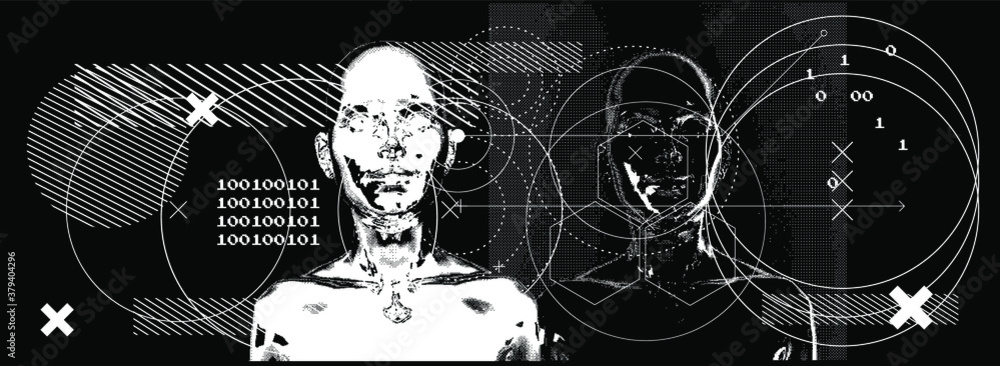Poster pixelated human silhouette. conceptual illustration of artificial intelligence, cryptography and cyb