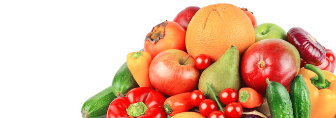 Fruits and vegetables isolated on a white background. Wide photo. Free space for text.