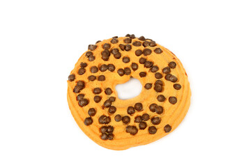 Appetizing butter bagel with chocolate pieces isolated on white.