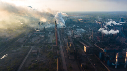 industry metallurgical plant dawn smoke smog emissions bad ecology aerial photography