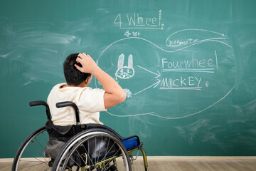 Students sit on wheelchair in front of green chalk board at the classroom. He doubts the english...
