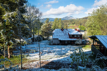 Family house on nice place in winter, view to the hill, sumava, zelezna ruda