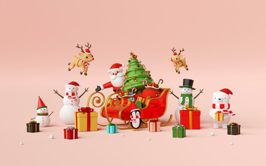 Merry Christmas and Happy New Year, Scene of Christmas celebration with Santa Claus and friends, 3d rendering