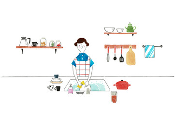エプロン主婦、食器の洗い物 © K.M.S.P.
