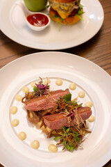 fine roasted duck eat with vegetable and mash potato