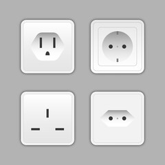 Switches and sockets set. All types. Wall switch. Electrical plug electric, power electricity sockets. Square rectangular and round white wall switch and sockets. Vector illustration EPS10