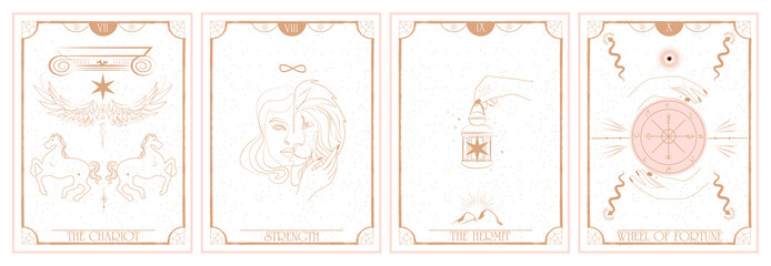 Set of Tarot card, Major Arcana. Occult and alchemy symbolism. The Chariot, Strength, The Hermit, Wheel of Fortune. Editable vector illustration.