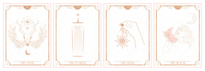 Set of Tarot card, Major Arcana. Occult and alchemy symbolism. The Devil, The Tower, The Star, The Moon. Editable vector illustration. - obrazy, fototapety, plakaty