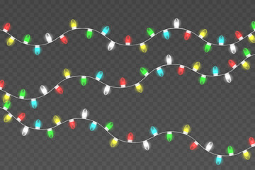 Garlands, Christmas decorations lights effects. Vector red, yellow, blue and green glow light bulbs on wire strings isolated.