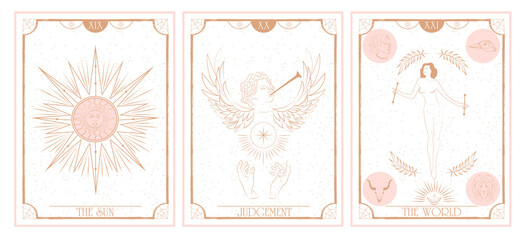 Set of Tarot card, Major Arcana. Occult and alchemy symbolism. The Sun, Judgement, The World. Editable vector illustration. - obrazy, fototapety, plakaty