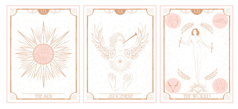 Set of Tarot card, Major Arcana. Occult and alchemy symbolism. The Sun, Judgement, The World. Editable vector illustration.