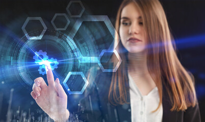 Business, Technology, Internet and network concept. Young businessman working on a virtual screen of the future and sees the inscription: