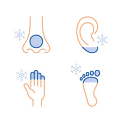 Frostbite of hands, foot, ears and nose. Hypothermia. Medical infographic