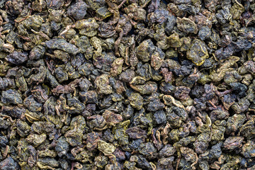 Oolong tea green tea leaves background and texture, macro shot