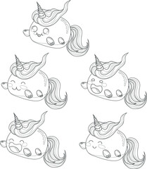 Cute unicorn cat creature toy sketch template set. Cartoon vector illustration in black and white for icons, emoji symbols, games, background, pattern, decor. Coloring paper, page, story book