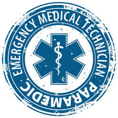 EMT Emergency Medical Technician Paramedic text and Star of Life symbol rubber stamp icon isolated on white background. Emergency Medical service emblem.