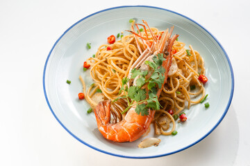 Close up king prawn spaghetti