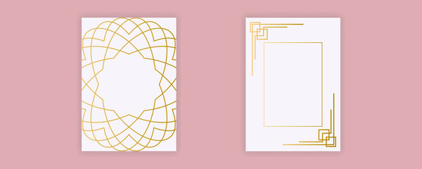 Vector geometric cards in Art Deco style. Light golden flyers. Premium vector frame in luxury style.