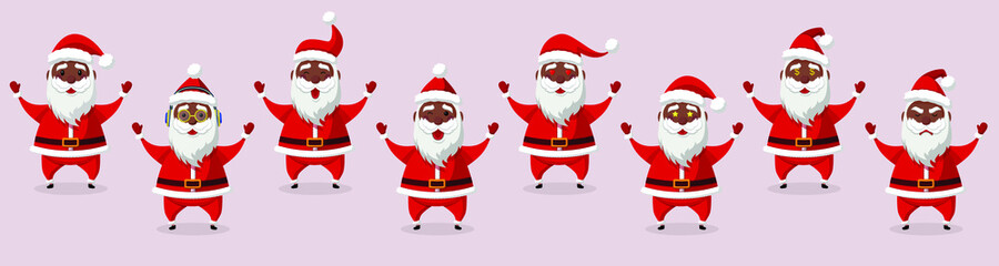 Black Santa. Set of cartoon Christmas illustrations isolated on white. Funny happy Santa Claus character. For Christmas cards, banners, tags and labels.