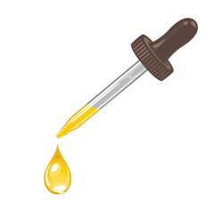 Drop of oil or serum dripping from cosmetic dropper isolated on white background. Vector illustration in cartoon style. Pipette icon.