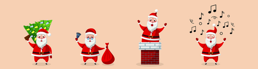 Set of Santa Claus Cartoon Character for Christmas Designs. Santa with tree. Santa with belland bag. Santa in chimney 