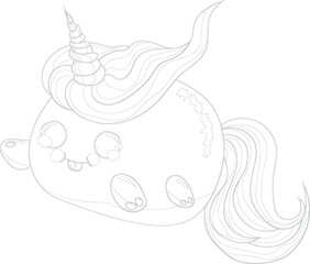Cute unicorn cat creature toy sketch template. Cartoon vector illustration in black and white for icons, emoji symbols, games, background, pattern, decor. Print for fabrics. Coloring paper, page, book