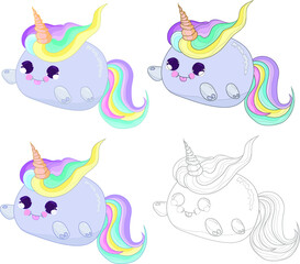 Cute unicorn cat creature toy sketch template set. Cartoon vector illustration in color and black and white for icons, emoji symbols, games, background, pattern, decor. Print for fabric. Coloring page