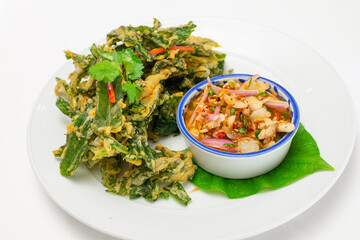 Thai food - Deep fried vegetable morning glory eat with chili dip