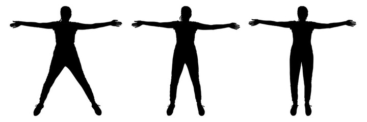 Female silhouette isolated on white background. Sports, fitness, exercise. Three black silhouettes of a girl with wide open arms and wide legs. Front view, full face. Vector. - obrazy, fototapety, plakaty