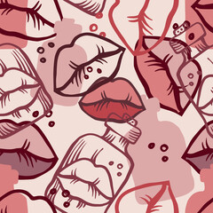 Vector seamless colorful pink abstract pattern of ornamental lips in test tubes