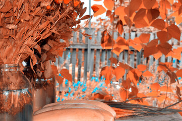 Autumn still life. Rustic interior. Golden orange background. - 379409239