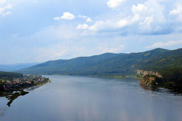 Fototapeta na wymiar Beautiful river view. Krasnoyarsk region. Picturesque landscape.