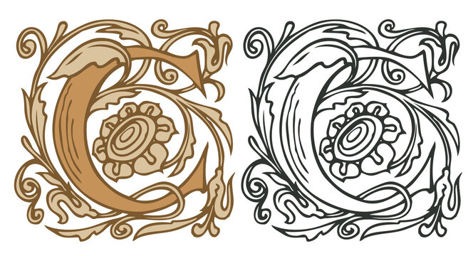 Initial letter C with vintage Baroque decorations. Two vector uppercase letters C in beige and black-white colors. Beautiful filigree capital letter to use for monogram, logo, emblem, card, invitation