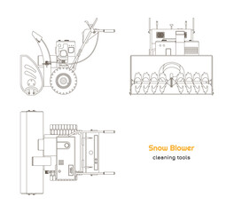 Outline blueprint of snow blower. Top, side and front view. Winter hand tool for ice removal. Isolated contour plow machine