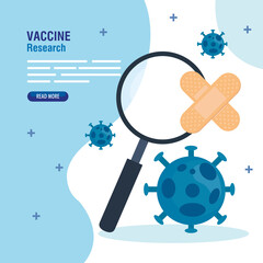 medical vaccine research coronavirus, with magnifying glass and cure bands, medical vaccine research and educational microbiology for coronavirus covid19 vector illustration design