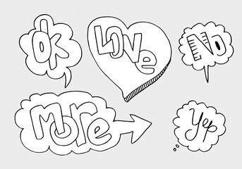 Handdrawn arrows, borders set with handwritten text:ok,more,love,no,yep. Vector icon.